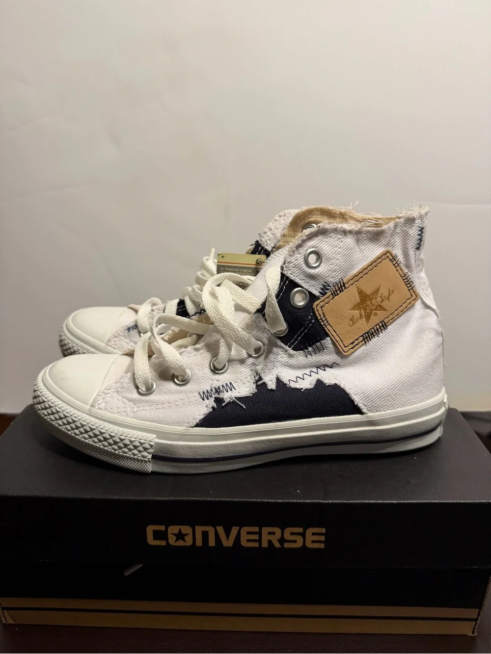 Converse High Top Sneakers in White and Navy with Leather Patch